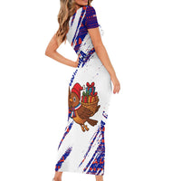 Costa Rica Christmas Short Sleeve Bodycon Dress with Holiday Bird Gifts Red Blue Pattern and National Flag Design - Wonder Print Shop