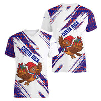 Costa Rica Christmas Women V-Neck T-Shirt with Holiday Bird Gifts Red Blue Pattern and National Flag Design - Wonder Print Shop