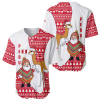 Peru Christmas Baseball Jersey with Santa Claus Vicuña Andean Poncho and Red Festive Pattern Design - Wonder Print Shop