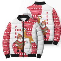 Peru Christmas Bomber Puffer Jacket with Santa Claus Vicuña Andean Poncho and Red Festive Pattern Design - Wonder Print Shop