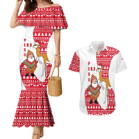 Peru Christmas Couples Matching Mermaid Dress and Hawaiian Shirt with Santa Claus Vicuña Andean Poncho and Red Festive Pattern Design - Wonder Print Shop