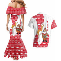 Peru Christmas Couples Matching Mermaid Dress and Hawaiian Shirt with Santa Claus Vicuña Andean Poncho and Red Festive Pattern Design - Wonder Print Shop