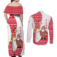 Peru Christmas Couples Matching Off Shoulder Maxi Dress and Long Sleeve Button Shirt with Santa Claus Vicuña Andean Poncho and Red Festive Pattern Design - Wonder Print Shop