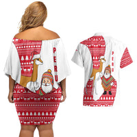 Peru Christmas Couples Matching Off Shoulder Short Dress and Hawaiian Shirt with Santa Claus Vicuña Andean Poncho and Red Festive Pattern Design - Wonder Print Shop