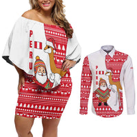 Peru Christmas Couples Matching Off Shoulder Short Dress and Long Sleeve Button Shirt with Santa Claus Vicuña Andean Poncho and Red Festive Pattern Design - Wonder Print Shop
