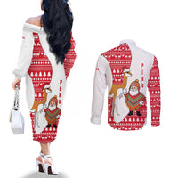 Peru Christmas Couples Matching Off The Shoulder Long Sleeve Dress and Long Sleeve Button Shirt with Santa Claus Vicuña Andean Poncho and Red Festive Pattern Design - Wonder Print Shop