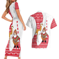 Peru Christmas Couples Matching Short Sleeve Bodycon Dress and Hawaiian Shirt with Santa Claus Vicuña Andean Poncho and Red Festive Pattern Design - Wonder Print Shop