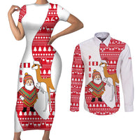Peru Christmas Couples Matching Short Sleeve Bodycon Dress and Long Sleeve Button Shirt with Santa Claus Vicuña Andean Poncho and Red Festive Pattern Design - Wonder Print Shop