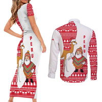 Peru Christmas Couples Matching Short Sleeve Bodycon Dress and Long Sleeve Button Shirt with Santa Claus Vicuña Andean Poncho and Red Festive Pattern Design - Wonder Print Shop