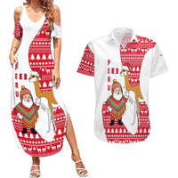 Peru Christmas Couples Matching Summer Maxi Dress and Hawaiian Shirt with Santa Claus Vicuña Andean Poncho and Red Festive Pattern Design - Wonder Print Shop