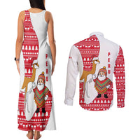 Peru Christmas Couples Matching Tank Maxi Dress and Long Sleeve Button Shirt with Santa Claus Vicuña Andean Poncho and Red Festive Pattern Design - Wonder Print Shop