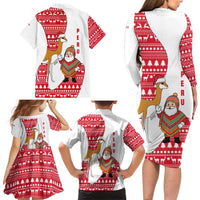 Peru Christmas Family Matching Long Sleeve Bodycon Dress and Hawaiian Shirt with Santa Claus Vicuña Andean Poncho and Red Festive Pattern Design - Wonder Print Shop