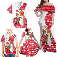 Peru Christmas Family Matching Off Shoulder Maxi Dress and Hawaiian Shirt with Santa Claus Vicuña Andean Poncho and Red Festive Pattern Design - Wonder Print Shop