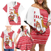 Peru Christmas Family Matching Off Shoulder Short Dress and Hawaiian Shirt with Santa Claus Vicuña Andean Poncho and Red Festive Pattern Design - Wonder Print Shop