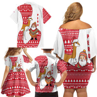 Peru Christmas Family Matching Off Shoulder Short Dress and Hawaiian Shirt with Santa Claus Vicuña Andean Poncho and Red Festive Pattern Design - Wonder Print Shop