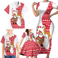 Peru Christmas Family Matching Short Sleeve Bodycon Dress and Hawaiian Shirt with Santa Claus Vicuña Andean Poncho and Red Festive Pattern Design - Wonder Print Shop