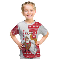Peru Christmas Kid T Shirt with Santa Claus Vicuña Andean Poncho and Red Festive Pattern Design - Wonder Print Shop