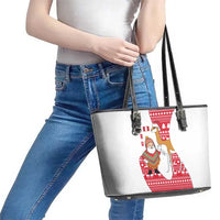 Peru Christmas Leather Tote Bag with Santa Claus Vicuña Andean Poncho and Red Festive Pattern Design - Wonder Print Shop