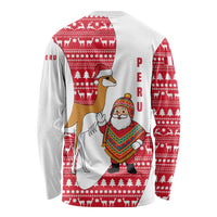 Peru Christmas Long Sleeve Shirt with Santa Claus Vicuña Andean Poncho and Red Festive Pattern Design - Wonder Print Shop