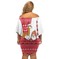 Peru Christmas Off Shoulder Short Dress with Santa Claus Vicuña Andean Poncho and Red Festive Pattern Design - Wonder Print Shop