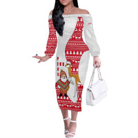 Peru Christmas Off The Shoulder Long Sleeve Dress with Santa Claus Vicuña Andean Poncho and Red Festive Pattern Design - Wonder Print Shop