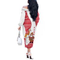 Peru Christmas Off The Shoulder Long Sleeve Dress with Santa Claus Vicuña Andean Poncho and Red Festive Pattern Design - Wonder Print Shop