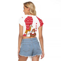 Peru Christmas Raglan Cropped T Shirt with Santa Claus Vicuña Andean Poncho and Red Festive Pattern Design - Wonder Print Shop