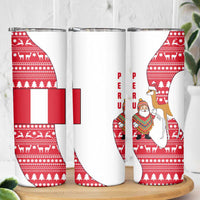 Peru Christmas Skinny Tumbler with Santa Claus Vicuña Andean Poncho and Red Festive Pattern Design - Wonder Print Shop