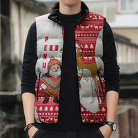 Peru Christmas Sleeveless Puffer Jacket with Santa Claus Vicuña Andean Poncho and Red Festive Pattern Design - Wonder Print Shop