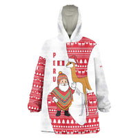 Peru Christmas Wearable Blanket Hoodie with Santa Claus Vicuña Andean Poncho and Red Festive Pattern Design - Wonder Print Shop