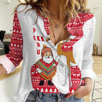 Peru Christmas Women Casual Shirt with Santa Claus Vicuña Andean Poncho and Red Festive Pattern Design - Wonder Print Shop