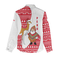 Peru Christmas Women Casual Shirt with Santa Claus Vicuña Andean Poncho and Red Festive Pattern Design - Wonder Print Shop