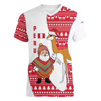 Peru Christmas Women V-Neck T-Shirt with Santa Claus Vicuña Andean Poncho and Red Festive Pattern Design - Wonder Print Shop