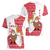 Peru Christmas Women V-Neck T-Shirt with Santa Claus Vicuña Andean Poncho and Red Festive Pattern Design - Wonder Print Shop