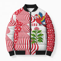 Peru Christmas Bomber Puffer Jacket with Santa Macaw Cantuta Flower Red Swirl Pattern and Festive Design - Wonder Print Shop