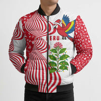 Peru Christmas Bomber Puffer Jacket with Santa Macaw Cantuta Flower Red Swirl Pattern and Festive Design - Wonder Print Shop