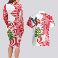 Peru Christmas Couples Matching Long Sleeve Bodycon Dress and Hawaiian Shirt with Santa Macaw Cantuta Flower Red Swirl Pattern and Festive Design - Wonder Print Shop