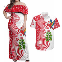 Peru Christmas Couples Matching Off Shoulder Maxi Dress and Hawaiian Shirt with Santa Macaw Cantuta Flower Red Swirl Pattern and Festive Design - Wonder Print Shop