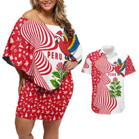 Peru Christmas Couples Matching Off Shoulder Short Dress and Hawaiian Shirt with Santa Macaw Cantuta Flower Red Swirl Pattern and Festive Design - Wonder Print Shop