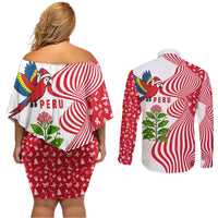 Peru Christmas Couples Matching Off Shoulder Short Dress and Long Sleeve Button Shirt with Santa Macaw Cantuta Flower Red Swirl Pattern and Festive Design - Wonder Print Shop