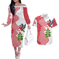 Peru Christmas Couples Matching Off The Shoulder Long Sleeve Dress and Hawaiian Shirt with Santa Macaw Cantuta Flower Red Swirl Pattern and Festive Design - Wonder Print Shop