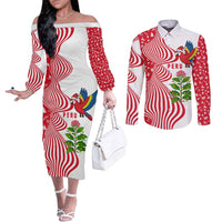 Peru Christmas Couples Matching Off The Shoulder Long Sleeve Dress and Long Sleeve Button Shirt with Santa Macaw Cantuta Flower Red Swirl Pattern and Festive Design - Wonder Print Shop