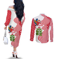 Peru Christmas Couples Matching Off The Shoulder Long Sleeve Dress and Long Sleeve Button Shirt with Santa Macaw Cantuta Flower Red Swirl Pattern and Festive Design - Wonder Print Shop