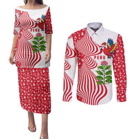 Peru Christmas Couples Matching Puletasi and Long Sleeve Button Shirt with Santa Macaw Cantuta Flower Red Swirl Pattern and Festive Design - Wonder Print Shop