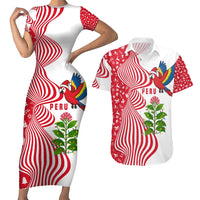 Peru Christmas Couples Matching Short Sleeve Bodycon Dress and Hawaiian Shirt with Santa Macaw Cantuta Flower Red Swirl Pattern and Festive Design - Wonder Print Shop
