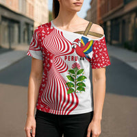Peru Christmas Cross Shoulder Shirt with Santa Macaw Cantuta Flower Red Swirl Pattern and Festive Design - Wonder Print Shop