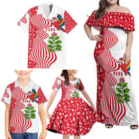Peru Christmas Family Matching Off Shoulder Maxi Dress and Hawaiian Shirt with Santa Macaw Cantuta Flower Red Swirl Pattern and Festive Design - Wonder Print Shop
