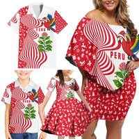 Peru Christmas Family Matching Off Shoulder Short Dress and Hawaiian Shirt with Santa Macaw Cantuta Flower Red Swirl Pattern and Festive Design - Wonder Print Shop
