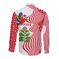 Peru Christmas Long Sleeve Button Shirt with Santa Macaw Cantuta Flower Red Swirl Pattern and Festive Design - Wonder Print Shop
