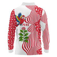 Peru Christmas Long Sleeve Polo Shirt with Santa Macaw Cantuta Flower Red Swirl Pattern and Festive Design - Wonder Print Shop